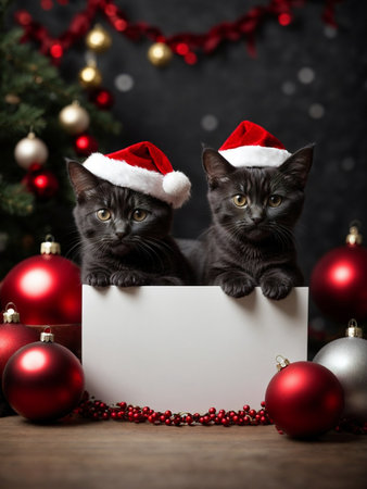 Cute black kittens wearing Santa Claus red hat near the Christmas tree. Merry Christmas and Happy New Year decoration around (balls, toys and gifts). X-mas cardの素材