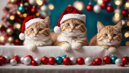 Cute kittens wearing Santa Claus red hat. Merry Christmas and Happy New Year decoration around (balls, toys and gifts). X-mas cardの素材