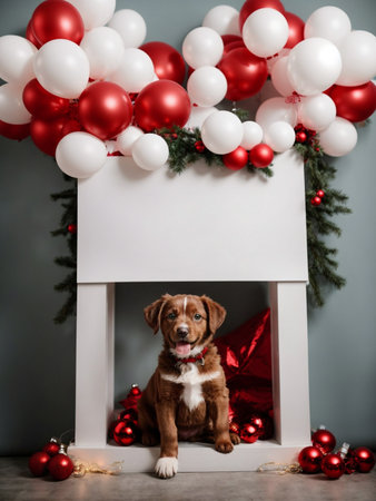 Studio shot of cute puppy. Merry Christmas and Happy New Year decoration - balls, balloons, toys and gifts around. X-mas cardの素材