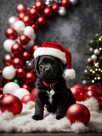 Cute black puppy wearing Santa Claus red hat near the Christmas tree. Merry Christmas and Happy New Year decoration around (balls, toys and gifts). New Year cardの素材