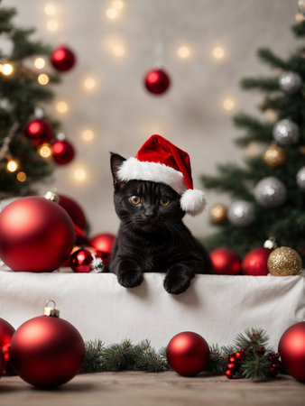 Cute black kitten wearing Santa Claus red hat near the Christmas tree. Merry Christmas and Happy New Year decoration around (balls, toys and gifts). New Year cardの素材