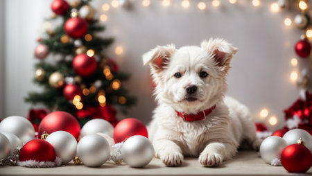Cute white puppy near the Christmas tree. Merry Christmas and Happy New Year decoration around (balls, toys and gifts). New Year cardの素材