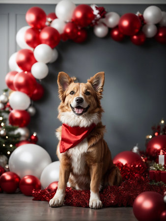 Studio shot of cute dog. Merry Christmas and Happy New Year decoration - balls, balloons, toys and gifts around. X-mas cardの素材