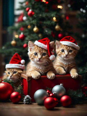 Cute kittens wearing Santa Claus red hat under the Christmas tree. Merry Christmas and Happy New Year decoration around (balls, toys and gift boxes). New Year cardの素材