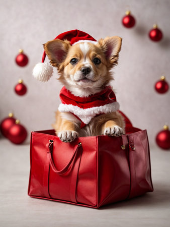 Cute puppy wearing Santa Claus red hat sits in the bag. Merry Christmas and Happy New Year decoration - balls, toys and gifts around. X-mas cardの素材