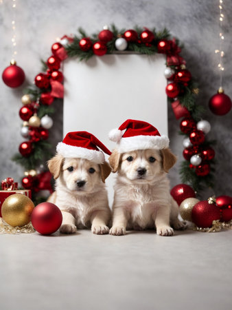 Cute puppies wearing Santa Claus red hat. Merry Christmas and Happy New Year decoration around (balls, toys and gifts). X-mas cardの素材