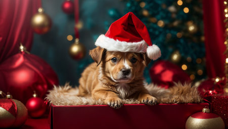 Cute puppy wearing Santa Claus red hat sits in the box near the Christmas tree. Merry Christmas and Happy New Year decoration - balls, toys and gifts around. X-mas cardの素材