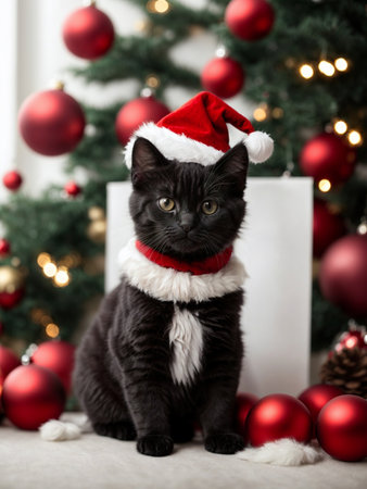 Cute black kitten wearing Santa Claus red hat near the Christmas tree. Merry Christmas and Happy New Year decoration around (balls, toys and gifts). New Year cardの素材