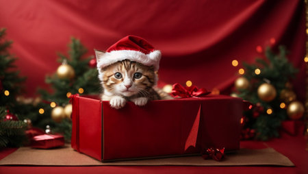 Cute kitten wearing Santa Claus red hat sits in the red gift box. Merry Christmas and Happy New Year decoration - balls, toys and gifts around. X-mas cardの素材