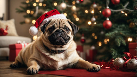 Cute puppy pug wearing Santa Claus red hat sits on the floor under the Christmas tree. Happy New Year decoration around. New Year card. Generative AIの素材