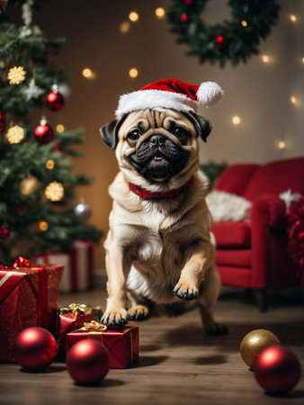 Cute puppy pug wearing Santa Claus red hat jumping under the Christmas tree. Merry Christmas and Happy New Year decoration around (balls, toys and gift boxes). Generative AIの素材