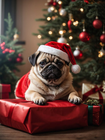 Cute puppy pug wearing Santa Claus red hat under the Christmas tree. Merry Christmas and Happy New Year decoration around (balls, toys and gift boxes). Generative AIの素材