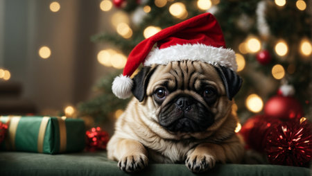 Cute puppy pug wearing Santa Claus red hat sits on the sofa. Merry Christmas and Happy New Year decoration around. New Year card. Generative AIの素材