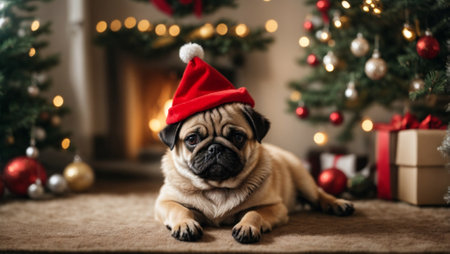 Cute puppy pug wearing Santa Claus red hat sits on the floor under the Christmas tree. Happy New Year decoration around. New Year card. Generative AIの素材