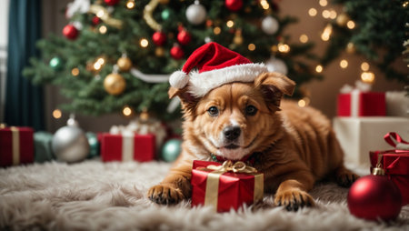 Cute puppy wearing Santa Claus red hat under the Christmas tree. Merry Christmas and Happy New Year decoration around (balls, toys and gift boxes). New Year card. Generative AIの素材