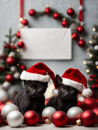Cute black kittens wearing Santa Claus red hat near the Christmas tree. Merry Christmas and Happy New Year decoration around (balls, toys and gifts). X-mas cardの素材