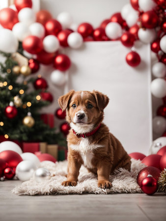 Studio shot of cute puppy. Merry Christmas and Happy New Year decoration - balls, balloons, toys and gifts around. X-mas cardの素材