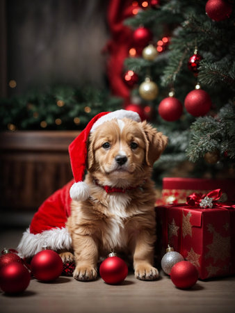 Cute puppy wearing Santa Claus red hat under the Christmas tree. Merry Christmas and Happy New Year decoration around (balls, toys and gift boxes). New Year cardの素材