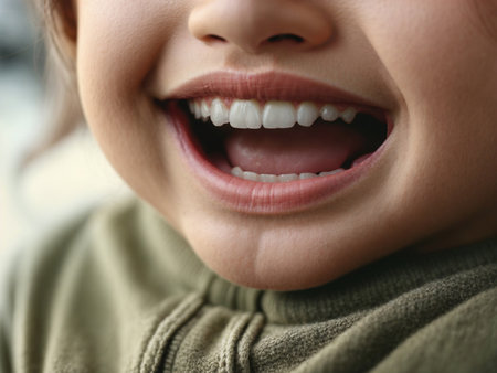Closeup of baby's open mouth with white teeth. Kid's smile. Generative AIの素材
