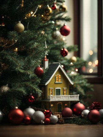 Toy wood house on the fir branch's Christmas tree as decoration. Concept of mortgage, construction, rental, building, property in a new year. Generative AIの素材