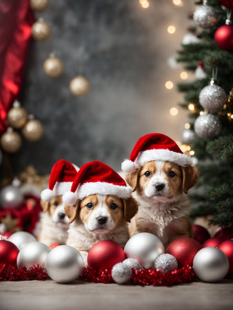 Cute puppies wearing Santa Claus red hat. Merry Christmas and Happy New Year decoration around (balls, toys and gifts). X-mas cardの素材