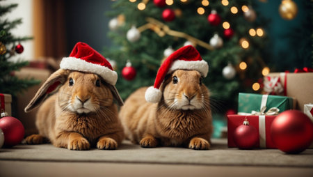 Cute hares or rabbits wearing Santa Claus red hat under the Christmas tree. Merry Christmas and Happy New Year decoration around. New Year card. Generative AIの素材
