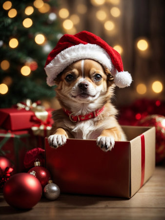 Cute puppy Chihuahua wearing Santa Claus red hat under the Christmas tree sits in the gift box. Generative AIの素材