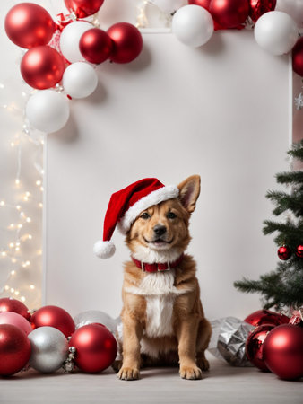 Cute puppy wearing Santa Claus red hat. Merry Christmas and Happy New Year decoration - balls, balloons, toys and gifts around. X-mas cardの素材