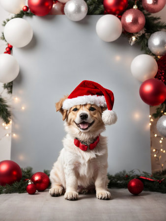 Cute puppy wearing Santa Claus red hat. Merry Christmas and Happy New Year decoration - balls, balloons, toys and gifts around. X-mas cardの素材