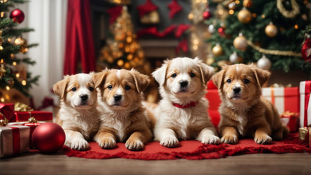 Cute puppies under the Christmas tree. Merry Christmas and Happy New Year decoration around. Generative AIの素材