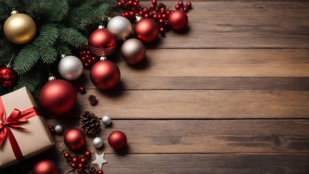 Merry Christmas background. New Year's decorations on wooden table - colorful balls and gifts. Top view with copy space. Generative AIの素材