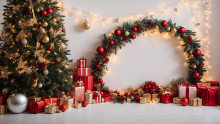 Merry Christmas background. New Year's decorations on a white wall - colorful balls around. Copy space frame. Generative AIの素材