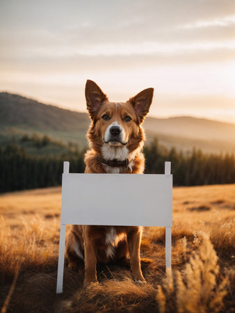 a dog with an empty whiteboard sign outside. Generative AIの素材