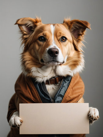 a homeless dog in a jacket holds an empty banner sign in its paws. Generative AIの素材