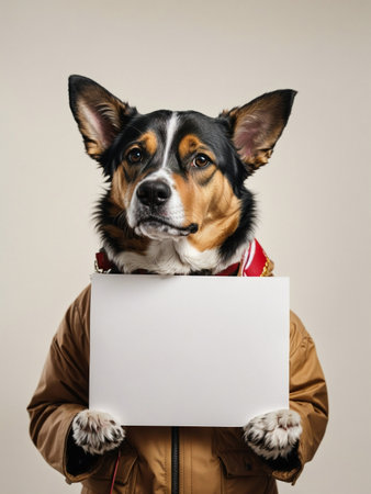 a homeless dog in a jacket holds an empty sign in its paws on white background. Generative AIの素材