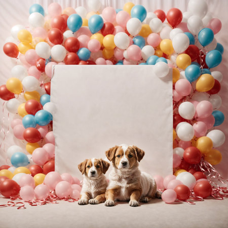 Studio shot of puppies with an empty white poster sign. A frame of multicolored balloons around. Copy space. Generative AIの素材