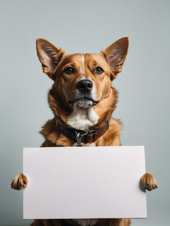 a homeless dog in a jacket holds an empty white board sign in its paws. Generative AIの素材