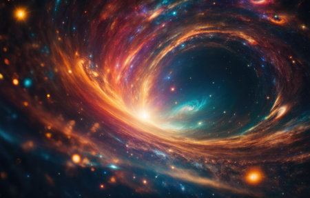 Cosmic background with abstract rays of light. Journey through the universe, galaxies, planets and stars. Time and space concept. Generative AIの素材