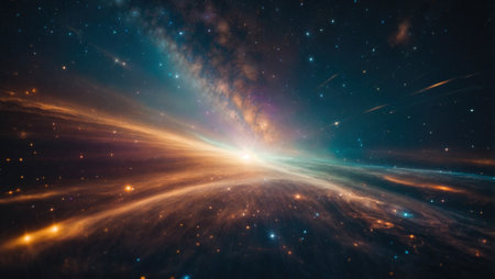 Cosmic background with abstract rays of light. Journey through the universe, galaxies, planets and stars. Time and space concept. Generative AIの素材