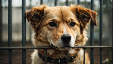 Stray dog sits behind bars in a dog shelter and waiting for the owner for adoption. Generative AIの素材