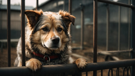 Stray dog stand behind bars in a dog shelter and waiting for the owner for adoption. Generative AIの素材