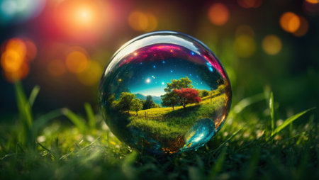 A glass magic ball or a drop of water with the green tree inside on grass. Environment concept. Generative AIの素材