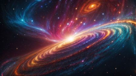 Space background with spiral galaxy and stars. The universe of rays and planets. Time and space concept. Generative AIの素材