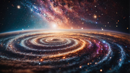 Space background with spiral galaxy and stars. The universe of rays and planets. Time and space concept. Generative AIの素材