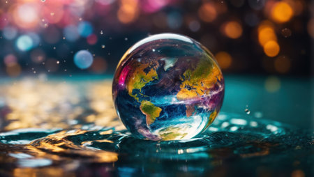 A glass magic ball or a drop of water with the planet earth inside. Generative AIの素材