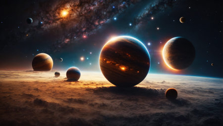 Space futuristic landscape with planets and space objects on clouds. The universe, galaxies and stars. Generative AIの素材