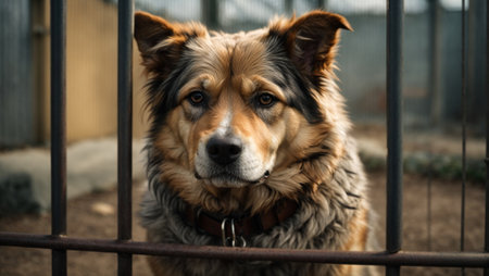 Stray dog sits behind bars in a dog shelter and waiting for the owner for adoption. Generative AIの素材