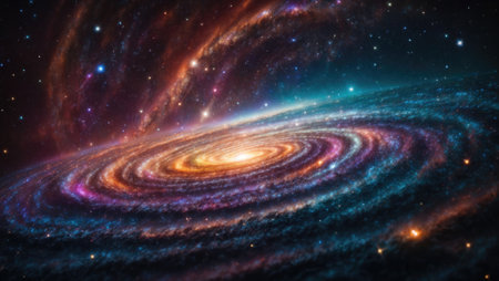 Space background with spiral galaxy and stars. The universe of rays and planets. Time and space concept. Generative AIの素材