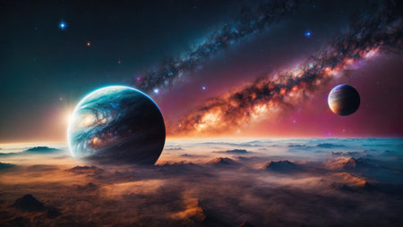 Space futuristic landscape with planets and space objects. The universe, galaxies and stars. Generative AIの素材