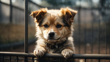 Homeless puppy sits behind bars in a dog shelter and waiting for the owner for adoption. Generative AIの素材